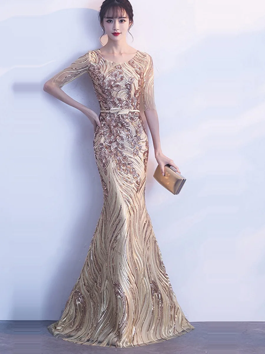Вечерние платья в пол с блестками Robe De Soiree Новое Элегантное Вечернее Платье с круглым вырезом и коротким рукавом вечернее платье Русалка F274