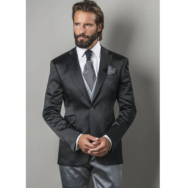 

Latest Coat Pant Designs Black Satin Men Suit Formal Slim Fit Lighting Classic Simple Custom Male Blazer 3 Piece Vestidos A222