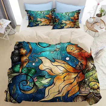 

Duvet Cover Set Beautiful Mermaid The Undersea World Colorful Unique Illustration Artistic Decorative 3 Piece Bedding Set with 2