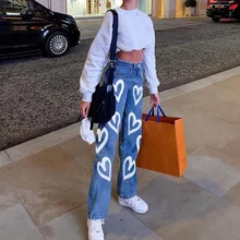 

Fashion Personal Graffiti Print Loose Straight-Leg Jeans Woman High-Waist Long Denim Trousers Streetwear Pantalon Pour Femme