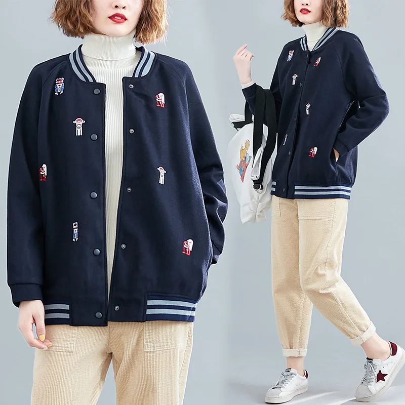 

2019 Autumn And Winter Loose And Plus-sized Baseball Uniform Padded Coat Embroidered Jacket Woolen Jacket