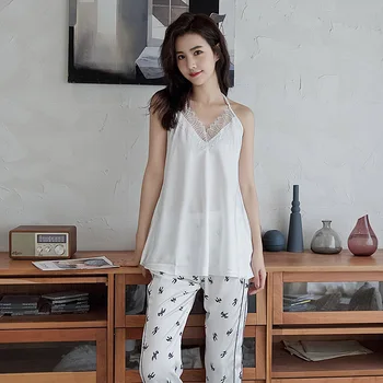 

2020 New Pajamas Satin V-neck 2PCS Sleep Set Sexy Women Intimate Lingerie Lace Strap Top&Pants Casual Home Clothes Pyjamas Suit