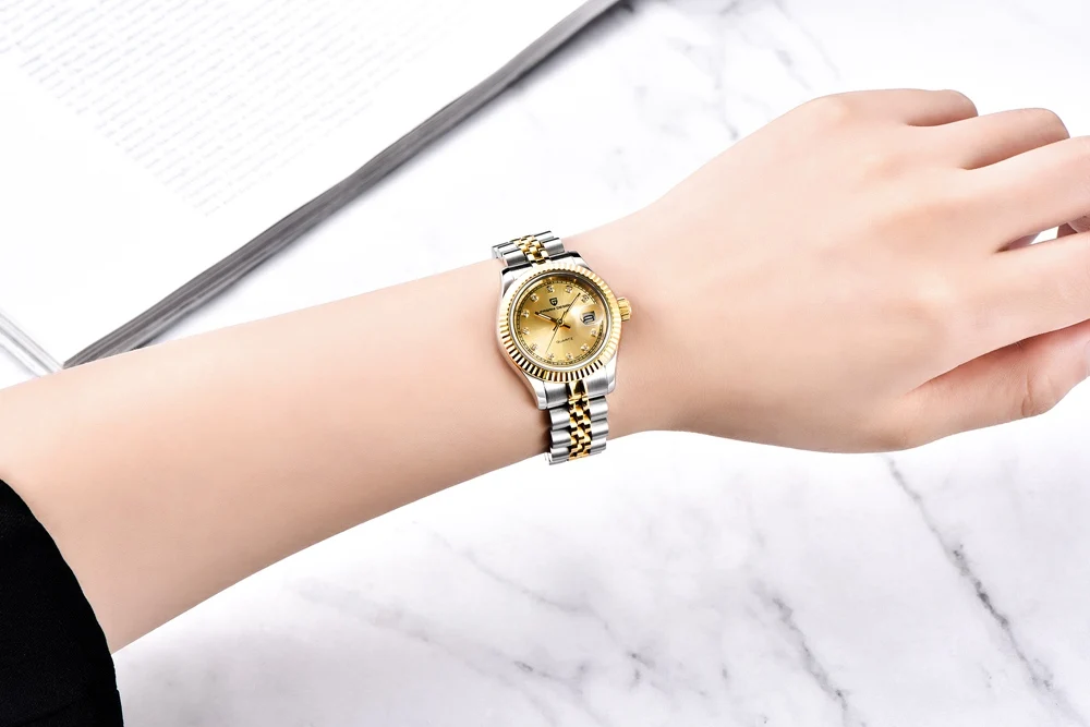 Pagani Дизайн люксовый бренд Золотые женские часы из нержавеющей стали Кварцевые наручные часы женские со стразами часы с сапфировым стеклом женские