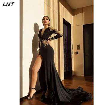 

V Neck Long Sleeves Black Prom Dresses with Keyhole Back Appliqued Long Pageant Dress Evening Gown with Slit Robe de soiree