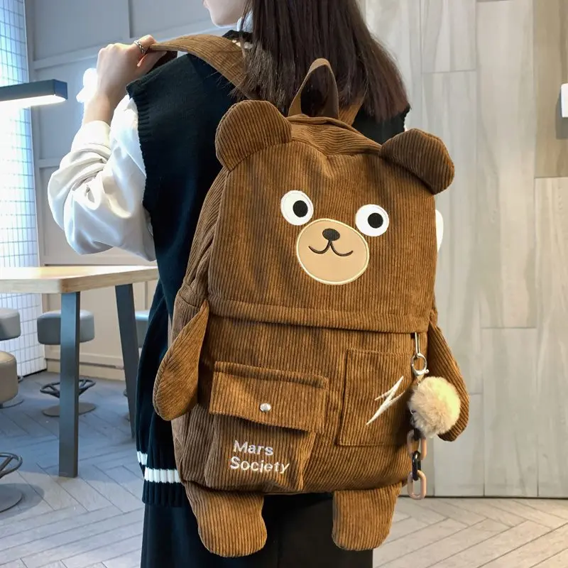 New Creative Cartoon Backpack Women Cute Bear Casual Backpacks Large Corduroy Embroidery Schoolbag For Teenage Student 2021 2