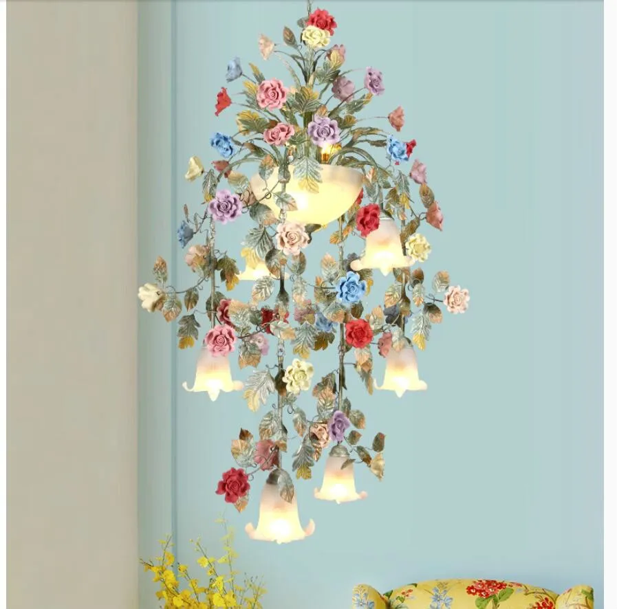 

Art Floral Chandelier lamp Lustre Light 7L/10L Colorful Ceramic Rose Pendant Chandelier Light Fixture E14 LED AC Home Decoration