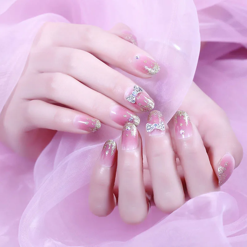 Casamento da Noiva Caixa com 2g Cola Roxo Arco Comprimento Médio Cabeça Redonda Unhas Falsas Imprensa no Destacável Wearable Capa Completa 24 Pçs –