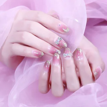 

24Pcs/box with 2g glue Purple Bow Mid-Length Round Head false nails press on Bride Wedding Detachable Wearable Full Cover nails
