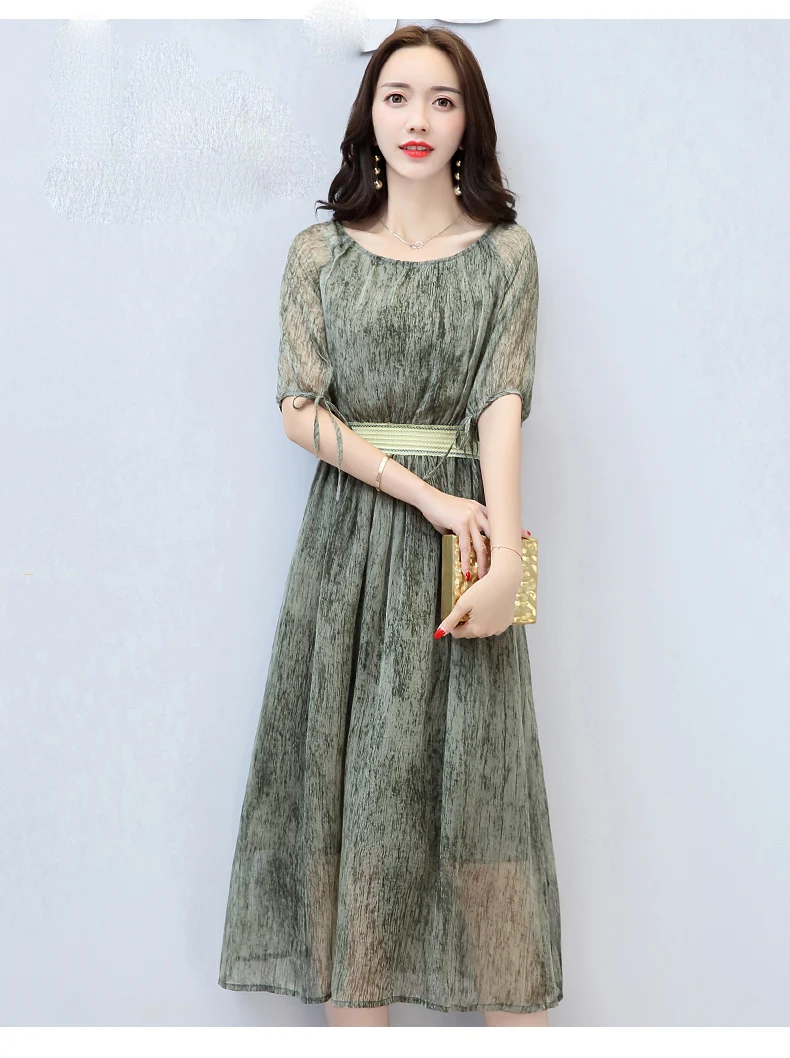 New Women summer Solid High waist Dresses Short sleeve Chiffon Pleated Dress high quality Loose Casual Plus size Long Dress