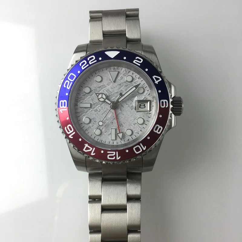 

40mm Watch Men Automatic Mechanical GMT Meteorite Dial Sapphire Crystal Blue Red Ceramic Bezel Date Waterproof Watch