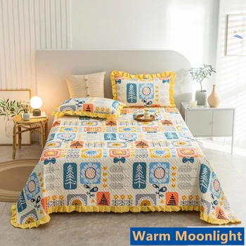 

Childlike puzzle Bed Cover+2 Pcs Pillowcases Ruffle Bedspread Cotton bedding set Yellow edge Quilt Blanket 1.5/1.8m/2.0m Bed