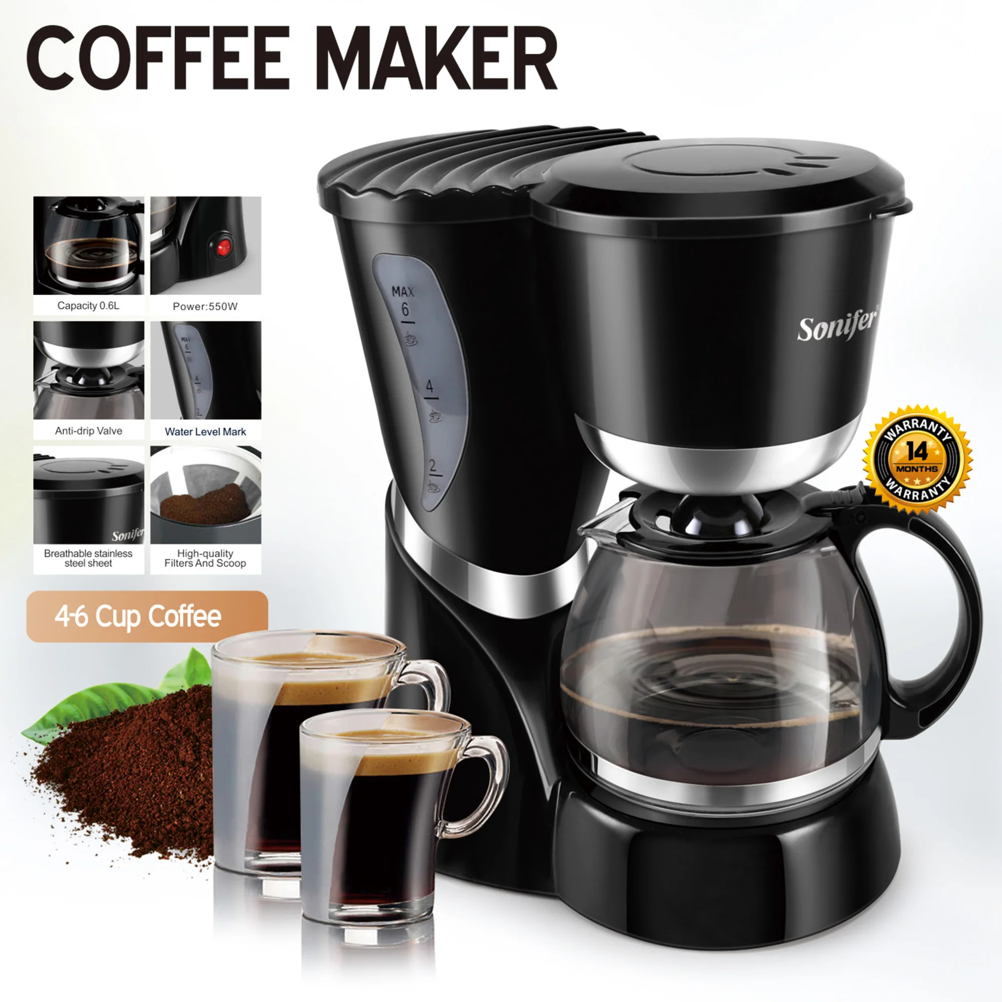 0.6L Electric Drip Coffee Maker 550W Household Coffee Machine 6 Cup Tea Coffee Pot Milk Coffee Make