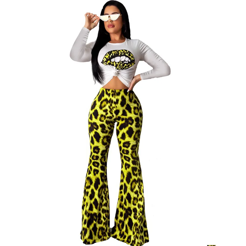 

Autumn Casual 2 Piece Set Women Tracksuit Long Sleeve T Shirt Crop Top and Flare Pants Leopard Two Piece Set Women Sets Clothes