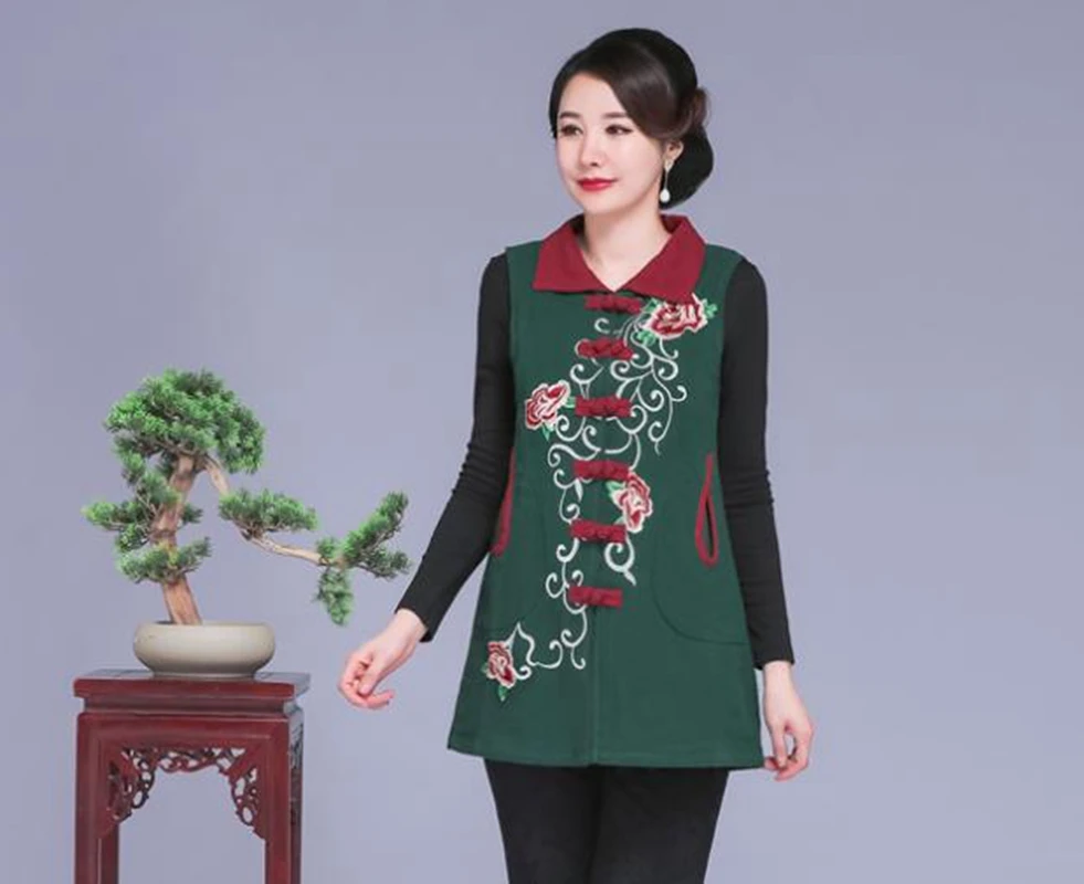 Qiudong/красный вышитый жилет для женщин среднего и старшего возраста, Национальный жилет, двухслойный жилет с длинными рукавами, повседневная женская одежда