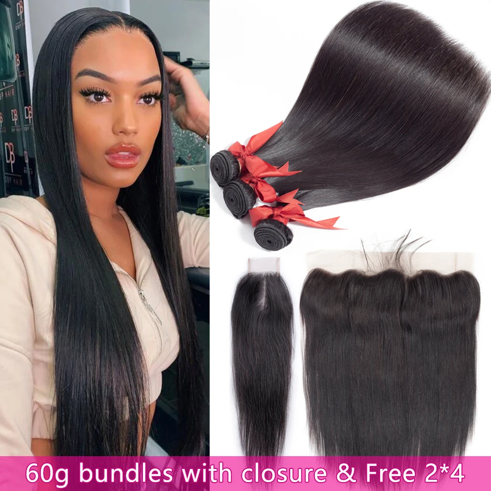 

60G Straight Hair Bundles with Frontal 13x4 Ear to Ear Lace Frontal & Free 2*4 Closure Brazilian 100% Remy Human Hair