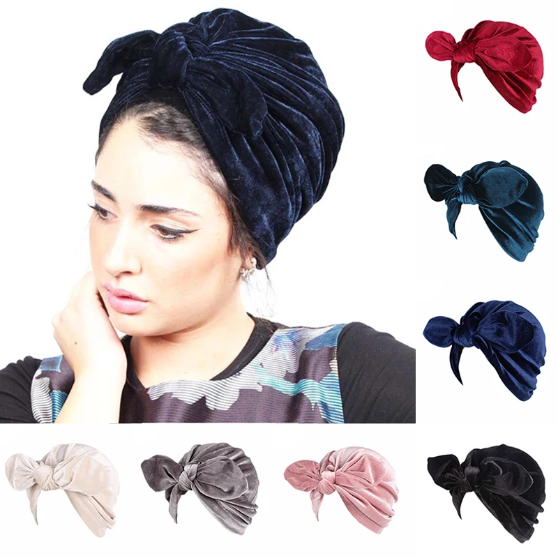 

Fashion Bow Velvet Cute Hijab with Rabbit Ear Turban Women Hair Loss Sleeping Cap India Wrap Bandanas Hair Accessories mujer