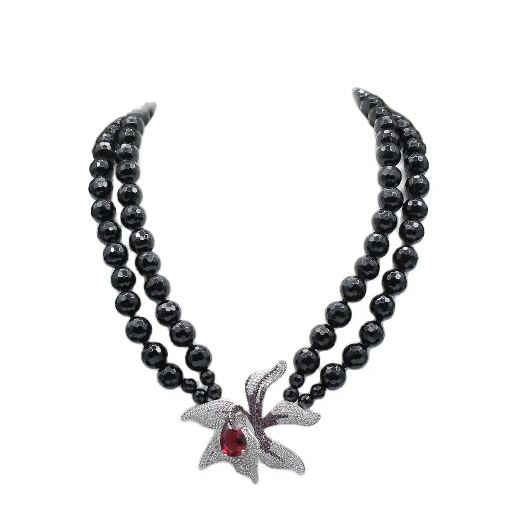 

GuaiGuai Jewelry 18"-19'' 2 Strands Black Round Onyx Necklace Red Crystal CZ Flower Pendant For Women