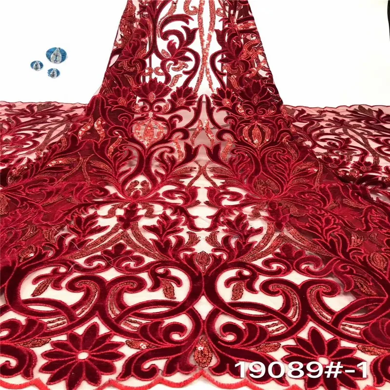 Latest African Laces 2020 Red velvet Lace Embroidery Fabric Mesh Trim Bridal With sequins For Nigerian Dresses | Дом и сад