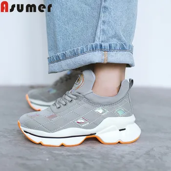 

ASUMER 2020 new sneakers shoes women round toe mixed colors suede leather flats shoes comfortable casual lace up women flats