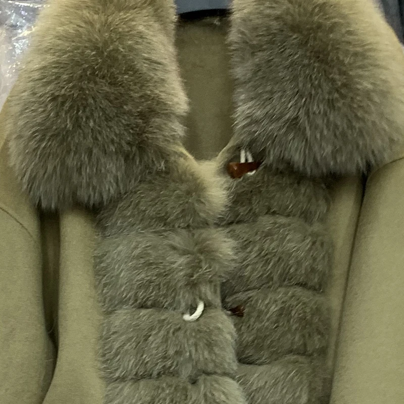 Rf1957 весеннее уличное Женское шерстяное пальто с натуральным лисьим меховым воротником ручной работы большого размера Doulbe Faced шерстяное пальто