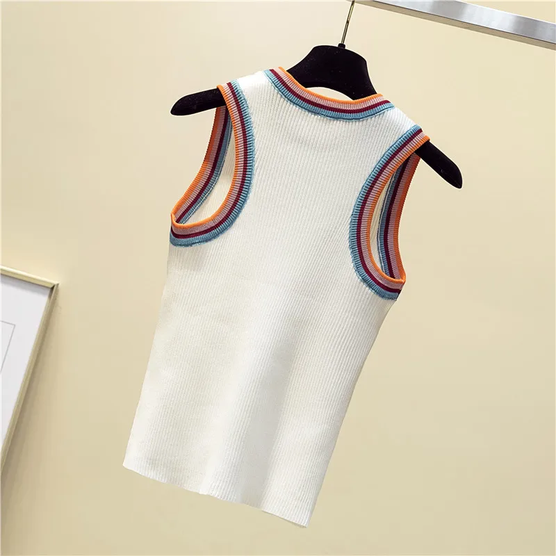 women Striped Color collision knitted vest female lady Girls suspenders waistcoats thin summer ice silk sleeveless Tank Tops