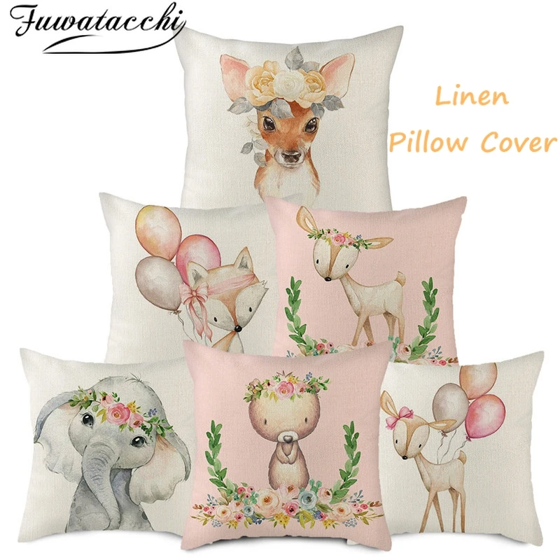 

Fuwatacchi Linen Cushion Cover Cartoon Cute Animal Pattern Pillow Cover for Home Chair Sofa Decorative Throw Pillowcases 45x45cm