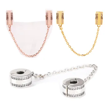 

Original 925 Sterling Silver Color Round With Double Row Crystal Cz Safety Chain Fit Pandora Women Bracelet & Necklace Jewelry