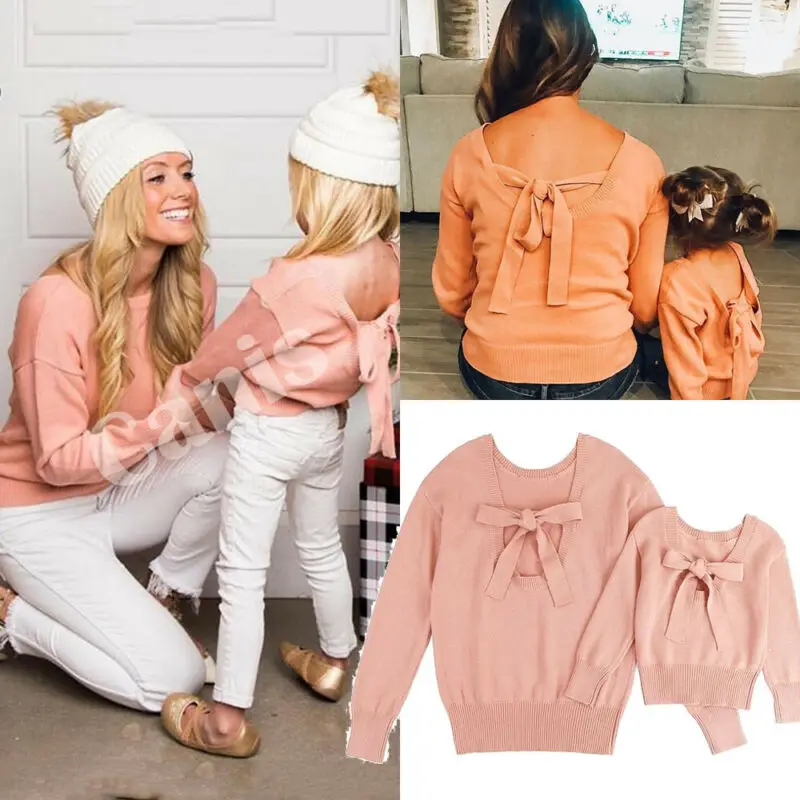 

Mother&Daughter Family Matching Mom Girl Solid Bowknot Warm Long Sleeve Sweater Mommy and Me Autumn Pullover Sweatshirt Clothes