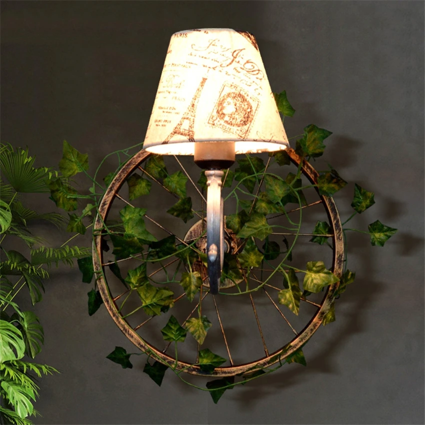 Music Bar Wheel Iron Wall Lamps Tavern Restaurant Green Plant Deco Wall Lights Punk Hall Bathroom Mirror Headlights Lighting