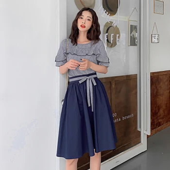 

Korean 2019 New Fashion 2 Pcs Set Set Brief Bow A-line Two Piece Set Striped High Waist Loose Vintage Women's Sets