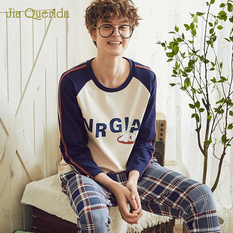 Pajama Men 100% Sping Fall Pyjamas Men 2020 New High Quality Men Nightwear Plaid Bottoms Letter Printing Men's 2 Piece Home Suit