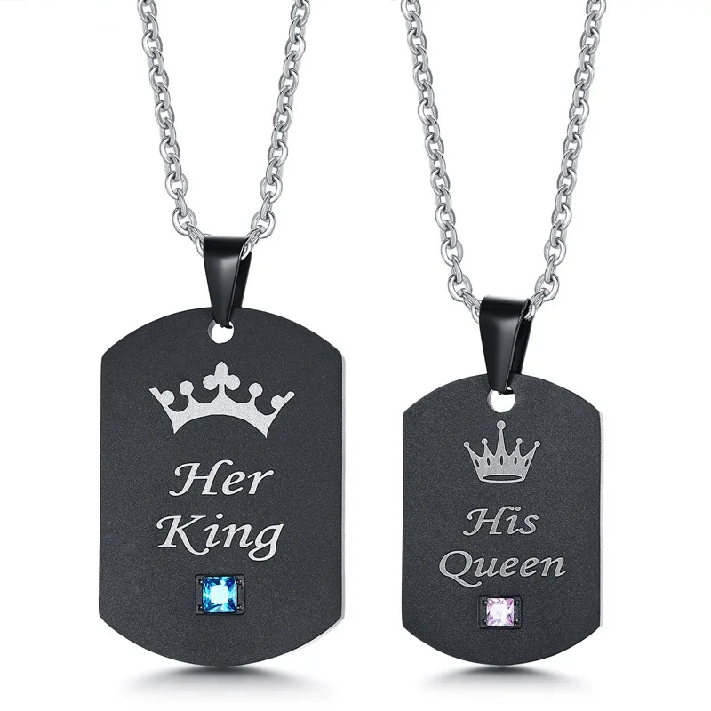 

Classic Couples Pendant Her KING His Queen Black And White with Pattern Titanium Steel Tag Cross Border Accessories CN-094