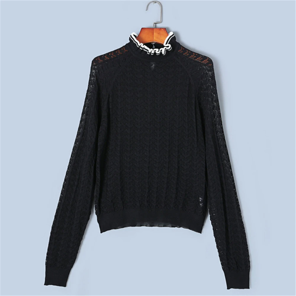

Tunjuefs Loose Elegant Ruffles Sweater Women Pullovers Knitted Top Hollow Out Jumper Runway Back Split Button Streetwear Autumn
