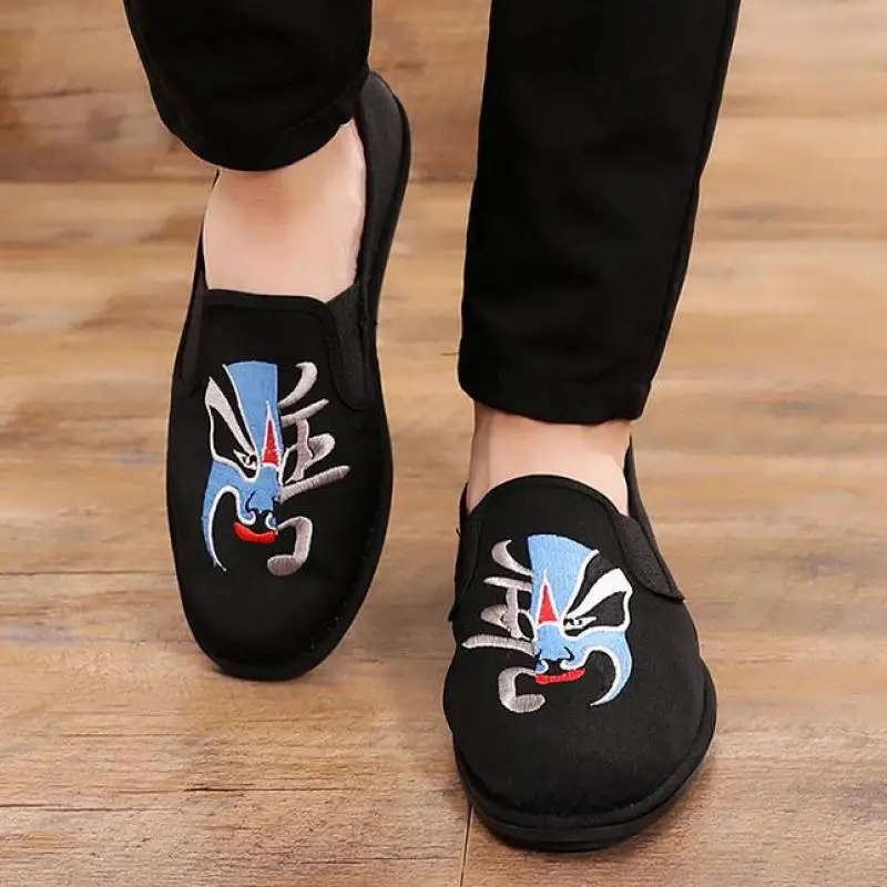 

Espadrilles Men Canvas Loafers Chinese Peking Opera Embroidered Old Beijing Cloth Shoes Slip On Breathable Casual Shoes Black