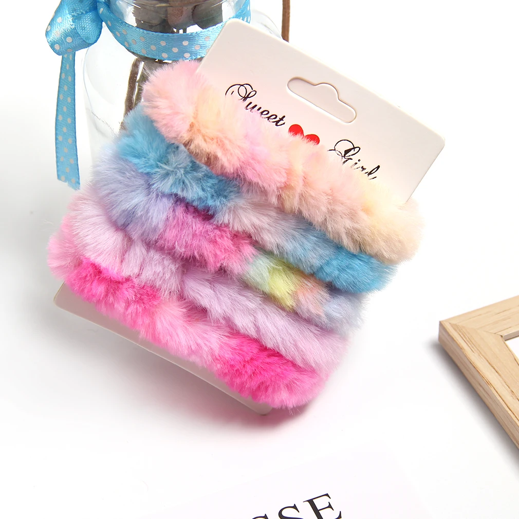 Pack of 2  Faux Rabbit Fur Elastic Tie dye Hair Bands Soft Hair Ties Ponytail Holder Made Hair Ring Hair Scrunchies Accessories hair clips