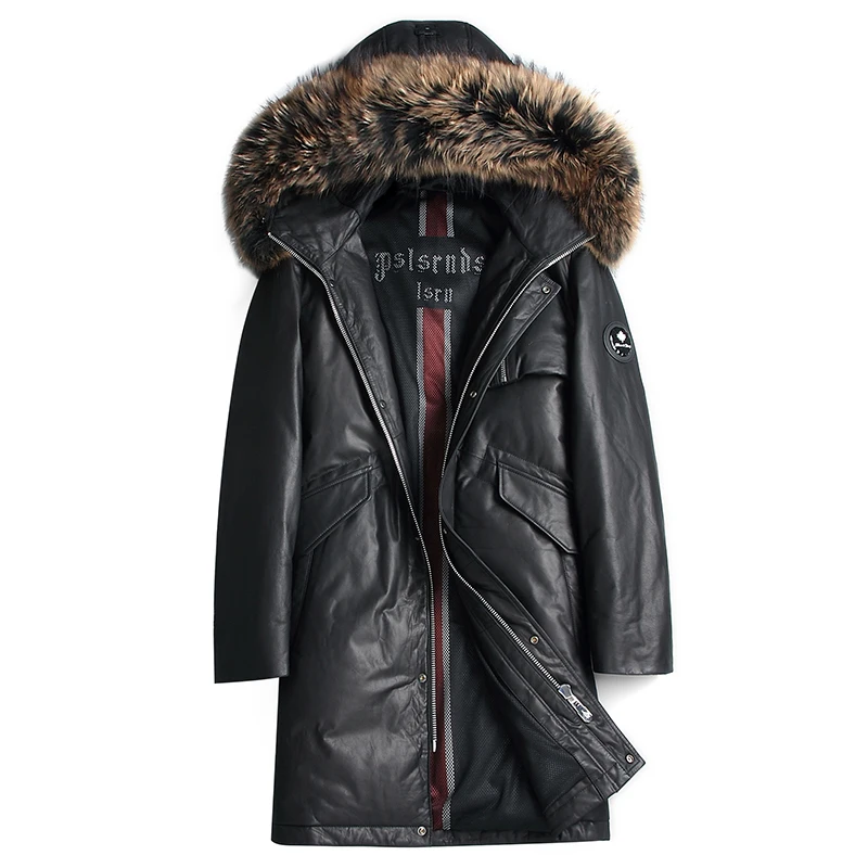 Top layer cowhide large profile mid-length down parka hooded raccoon fur collar genuine leather coat for men coat men
