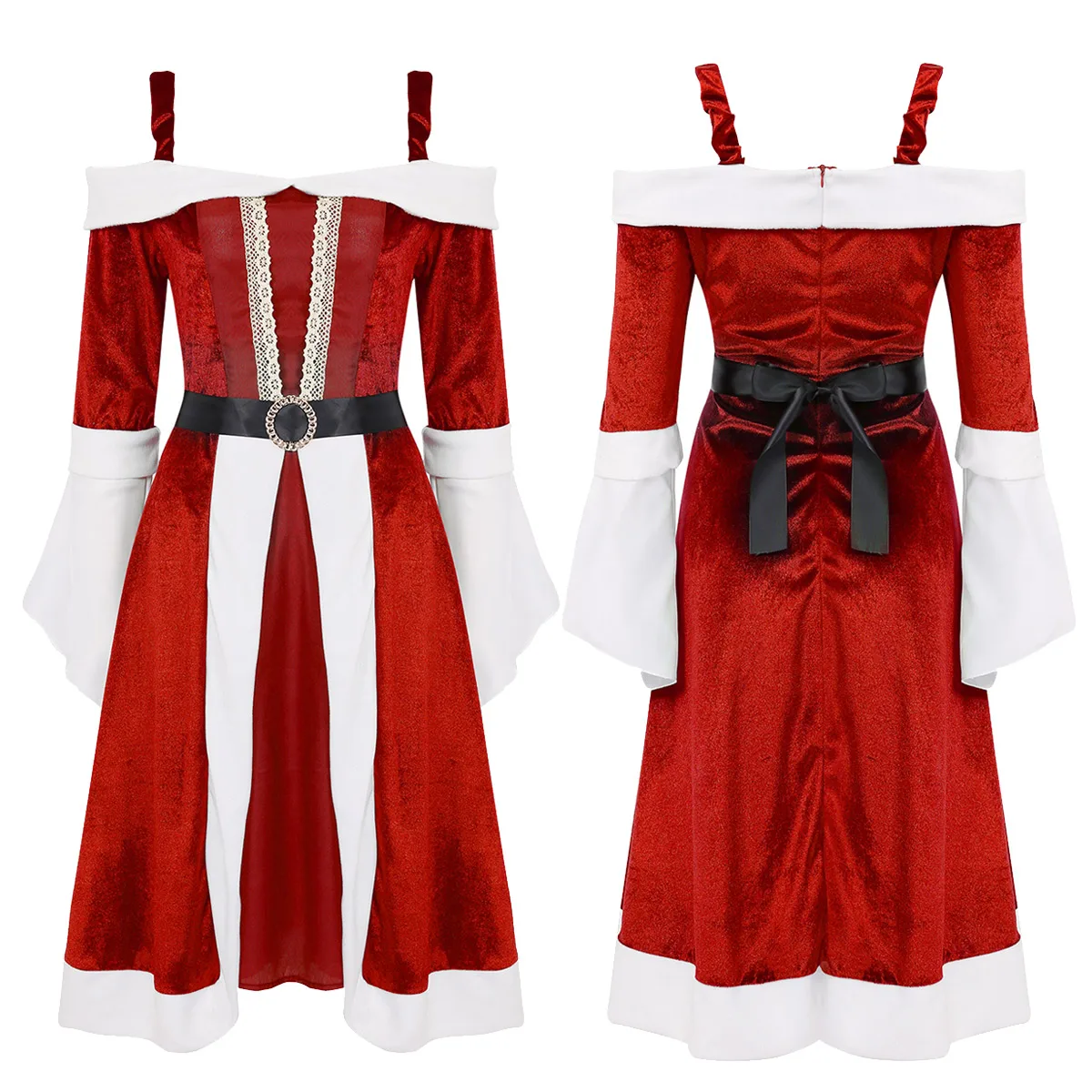 Red Женский маскарадный костюм для рождественской вечеринки Mrs Miss santa claus, мягкое бархатное платье с длинным Расклешенным рукавом, рождественское платье миди с поясом - Цвет: Red