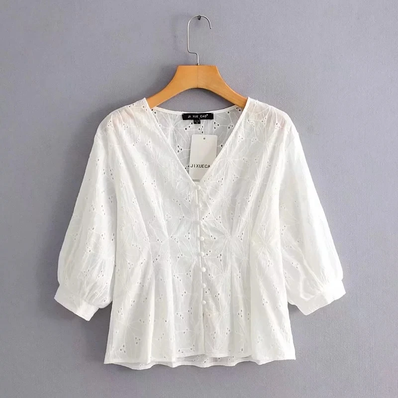 Увядшие осенние blusas mujer de moda Англия Твердые Полые Кружева v-образным вырезом рубашка-кимоно блузка женские топы и блузки