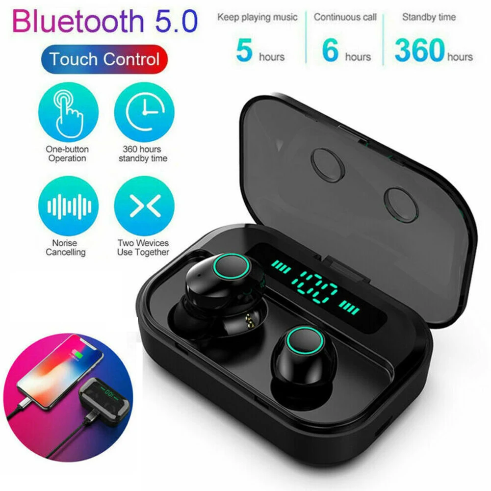 V5.0 Bluetooth стерео наушники беспроводные IPX7 водонепроницаемые сенсорные наушники гарнитура 3600 мАч светодиодный дисплей с аккумулятором чехол