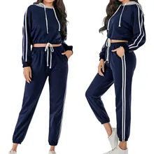 2 шт. женский спортивный костюм осень зима женский длинный рукав с капюшоном в полоску короткий Свитшот брюки наборы# D