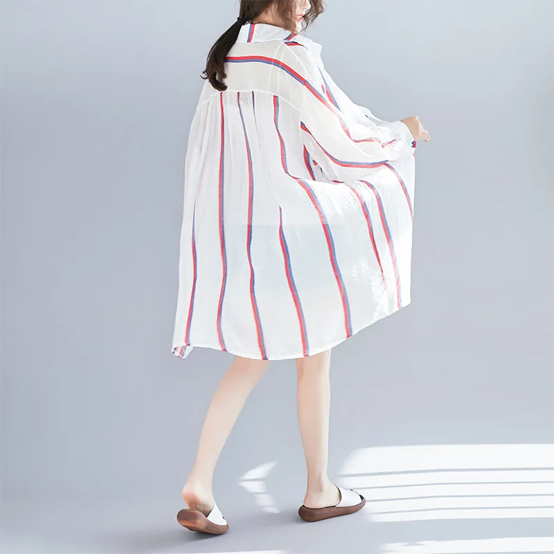 

2019 Summer Wear New Style Korean-style Literature And Art Stripes Print Shirt Fat Mm Slimming Comfortable Fashion Coat