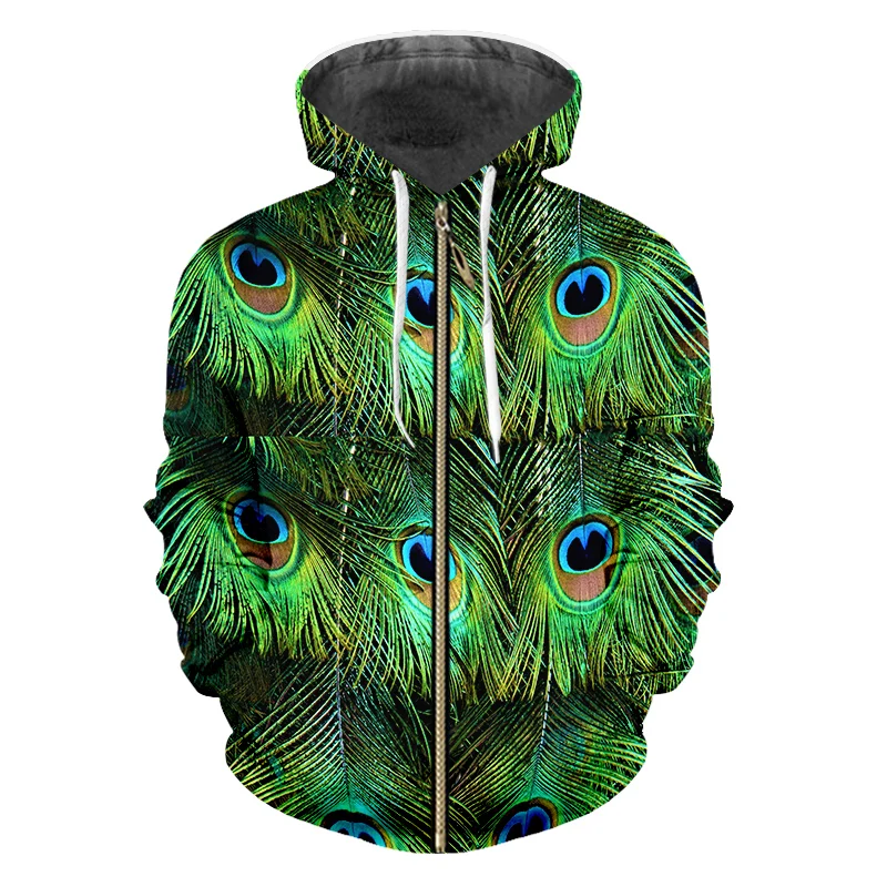 

UJWI Autumn New Men's Zip Hoodies 3D Printed Green peacock feather Long Sleeve Sweatshirt Man Loose Zipper Coat Wholesale