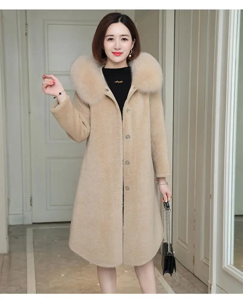 Women Autumn Winter Real Fox Fur Collar Natural Sheep Shearing Fur Coat Female Genuine Lambswool Jacket Abrigos Mujer N252