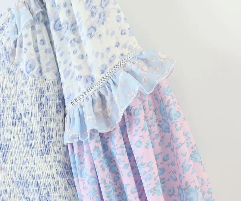 Vacation Style Slimming Blogger Fairy Skirt Elastic Fungus Patchwork Puff Sleeve Dress