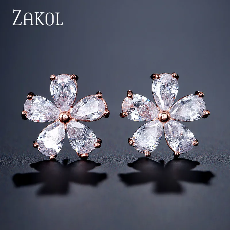 ZAKOL изысканный фианит, классические серьги-гвоздики в форме капель, для женщин, для работы, на каждый день, подарок на день рождения, ювелирные изделия, FSEP377 - Окраска металла: Rose Gold Flower