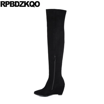 

big size thigh high boots for plus women fashion sheepskin black heel 10 suede long chunky shoes over the knee slim pointed toe