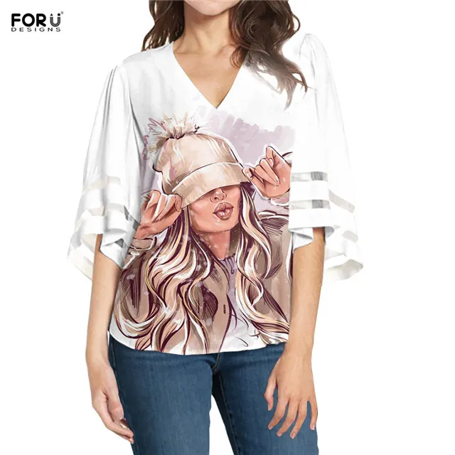 FORUDESIGNS,, для молодых девушек, с принтом, женская блузка, модная одежда, глубокий v-образный вырез, сексуальные шифоновые топы, сетчатая панель, свободная блузка - Цвет: HMC3026B3