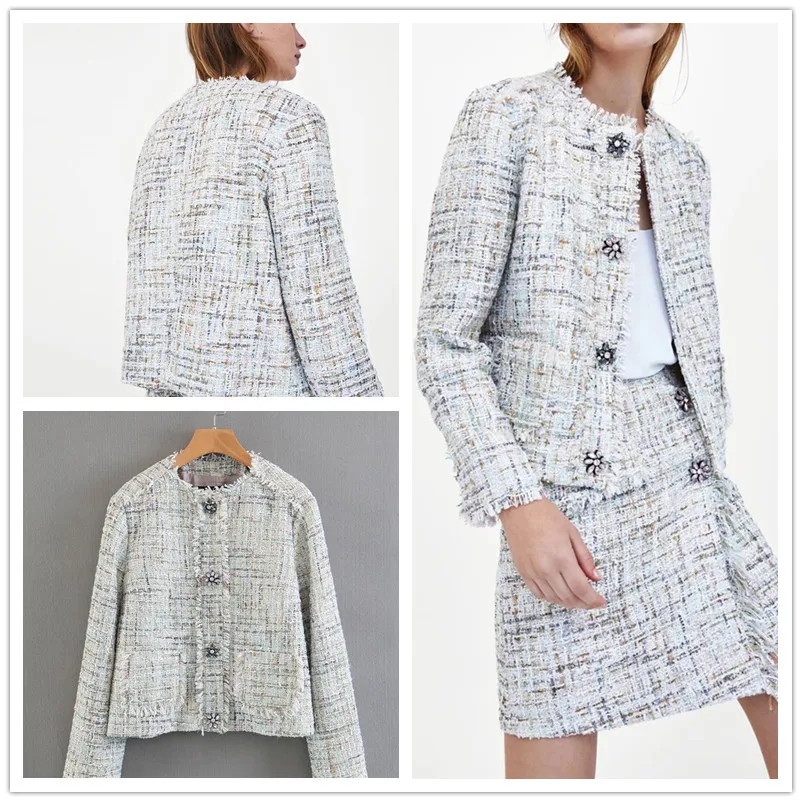 

2018 Spring And Summer New Style Graceful Ddiamante Buckle Tweed Suit Jacket Elegant Suit Women's S8117