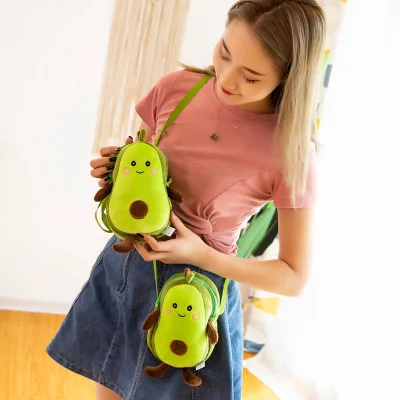 Cute Avocado Plush Toys Soft Stuffed Fruits Creative Cartoon Zipper Style Shoulder Bag for Children Kids Girls Gift Toys 9 Inch