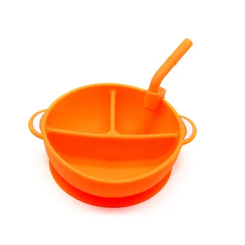 

Plate Portable Tableware 3 Compartments Toddler Soft Silicone Training Dinner Baby Bowl Non Slip Suction With Straw Safe Feeding